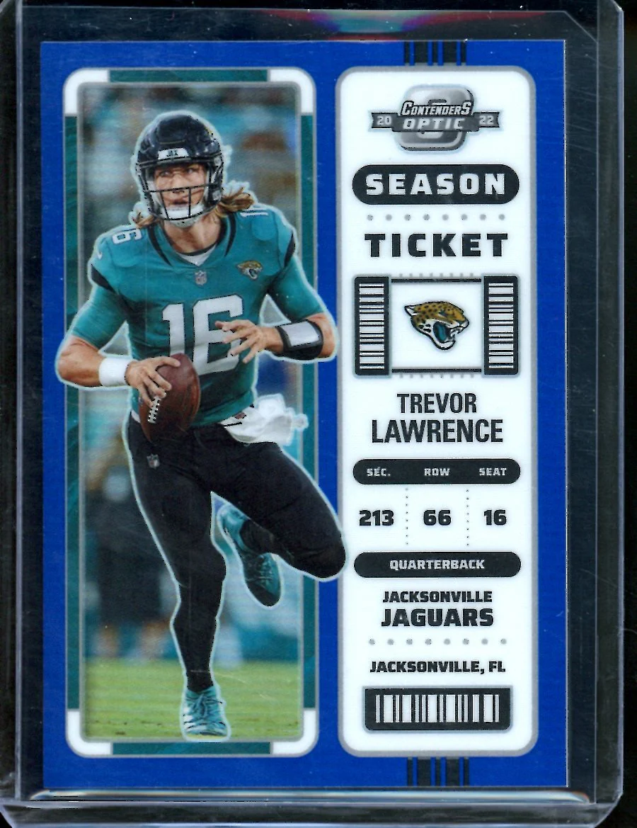2022 Panini Contenders Optic Trevor Lawrence Season Ticket Blue /99 Jaguars