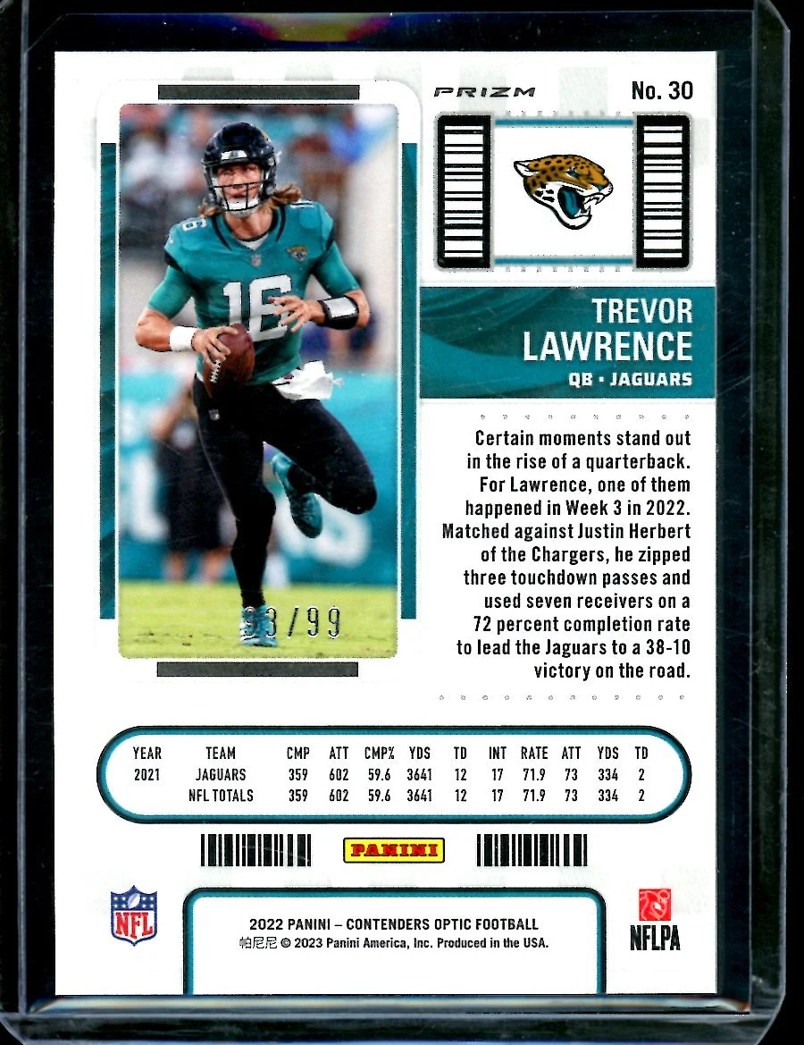 2022 Panini Contenders Optic Trevor Lawrence Season Ticket Blue /99 Jaguars - Image 2