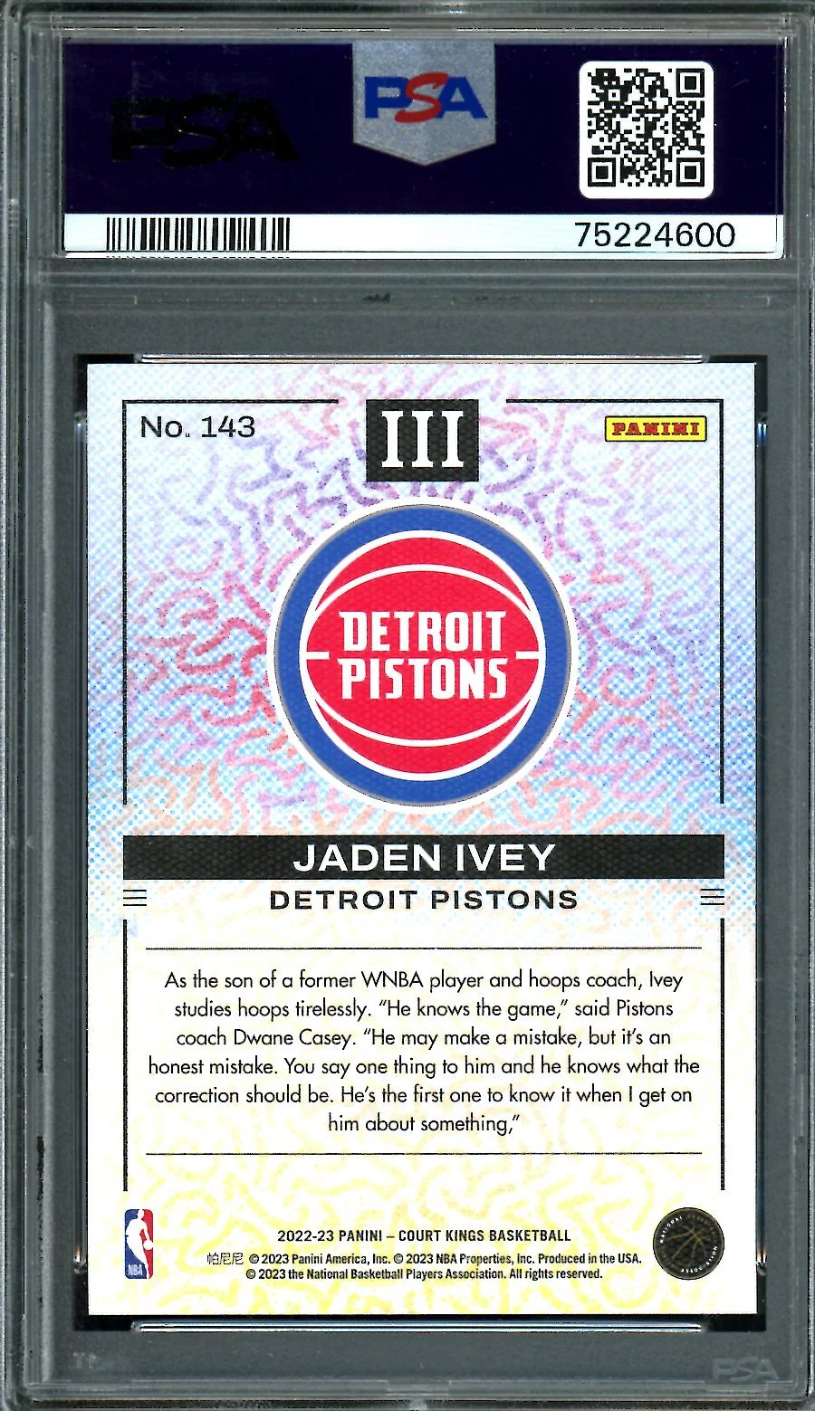2022/23 Panini Court Kings Jaden Ivey Rookie #143 PSA 10 Pistons - Image 2