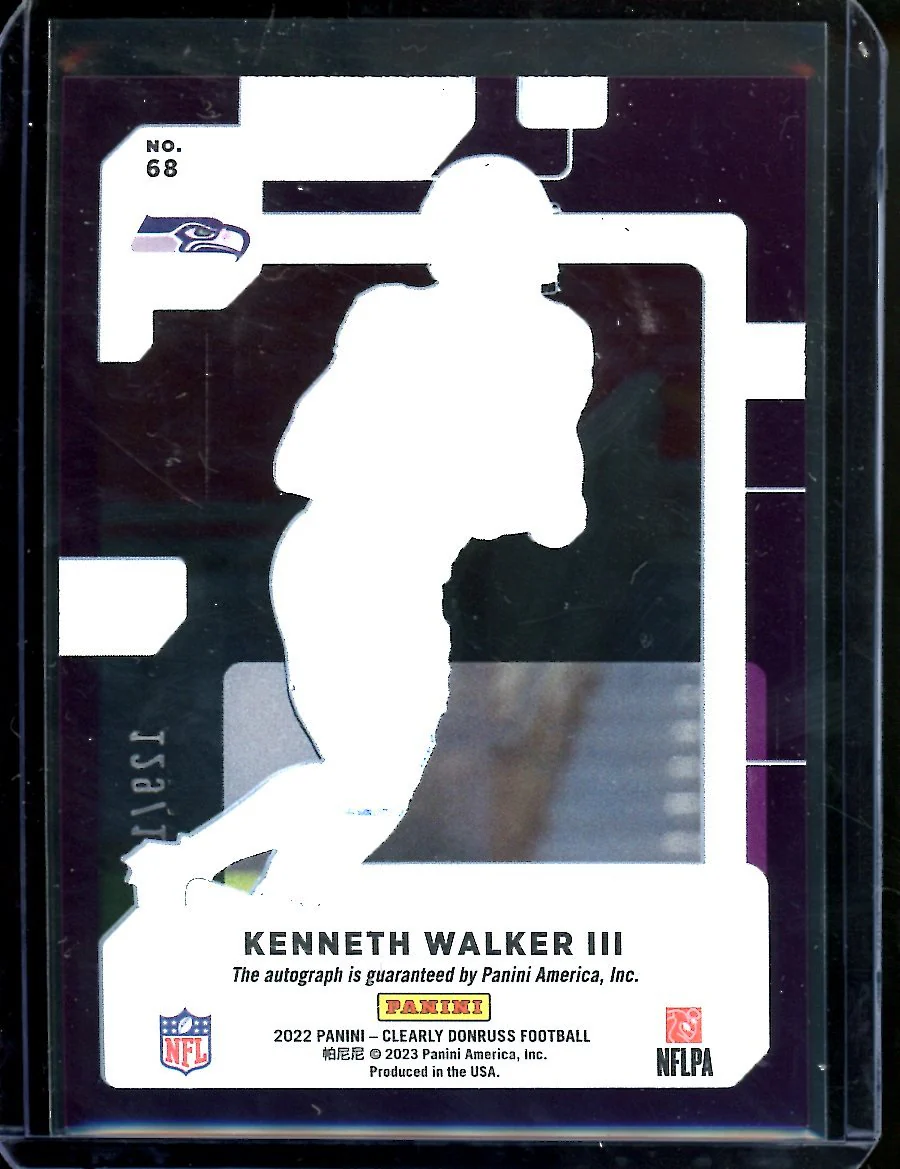 2022 Panini Donruss Clearly Kenneth Walker III Rookie Auto Purple /175 Seahawks - Image 2