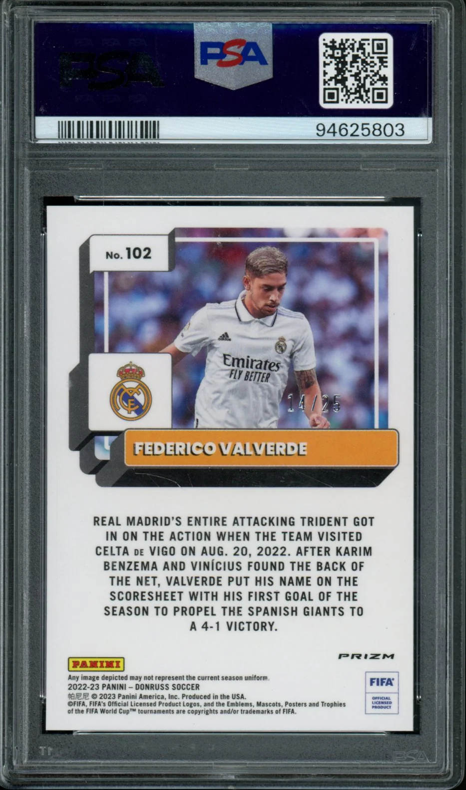 2022 Panini Donruss Optic Federico Valverde Purple Mojo /25 PSA 10 Real Madrid - Image 2