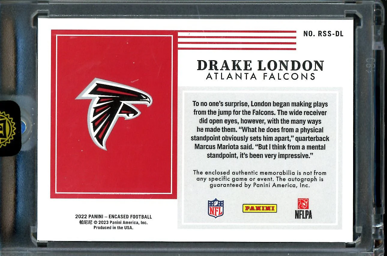2022 Panini Encased Drake London Rookie Auto RPA Green /5 Falcons - Image 2