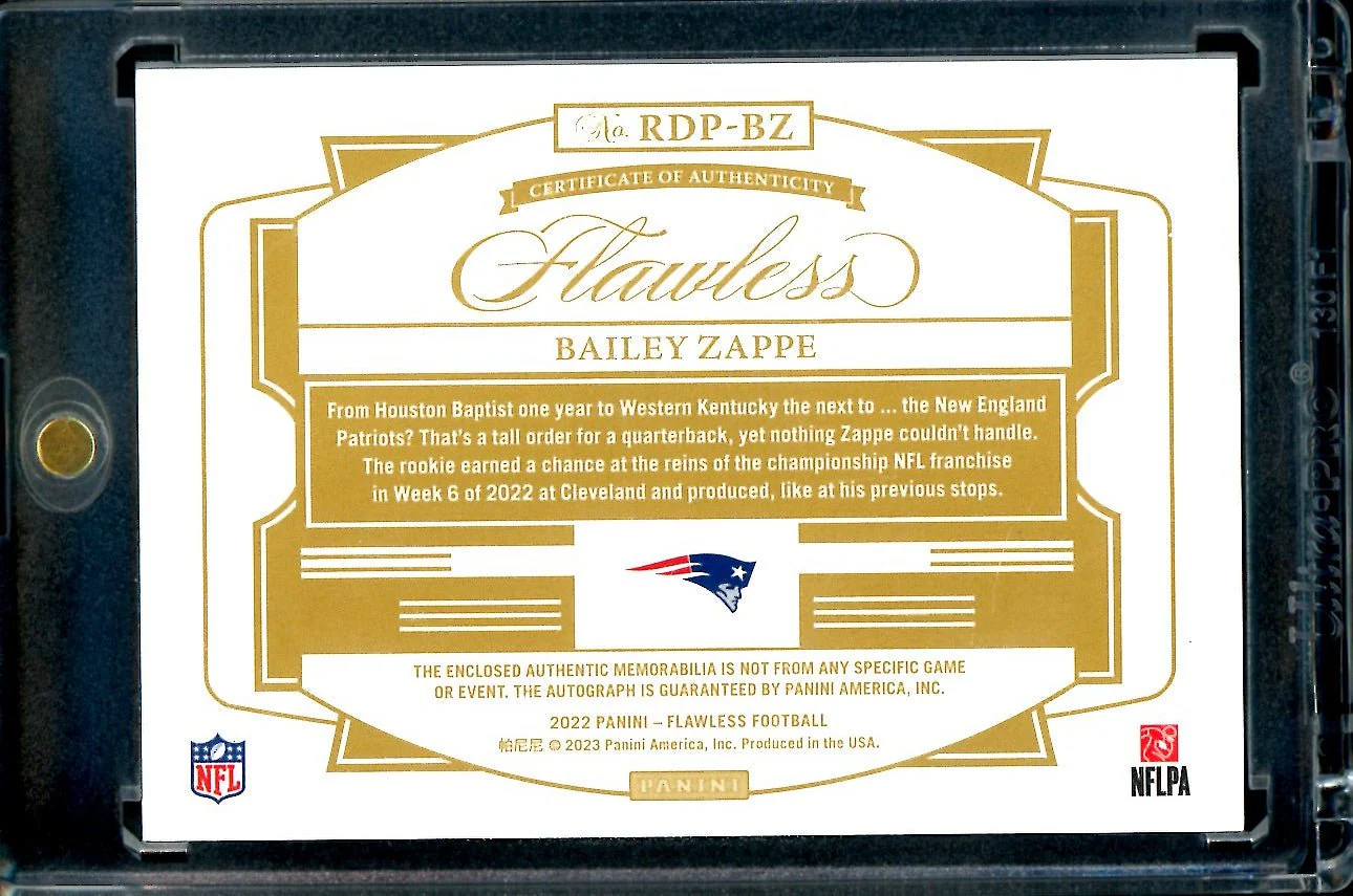 2022 Panini Flawless Bailey Zappe Rookie RPA Bronze /6 Patriots - Image 2