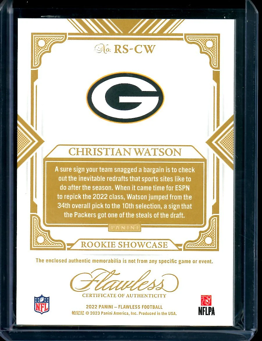 2022 Panini Flawless Christian Watson Rookie Showcase Patch Gold /25 Packers - Image 2