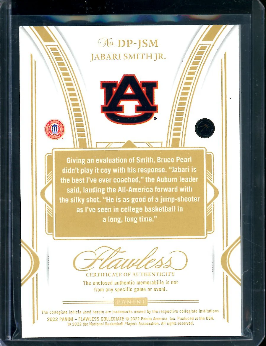 2022/23 Panini Flawless Collegiate Jabari Smith Jr. Rookie Patch Gold /10 Rockets - Image 2
