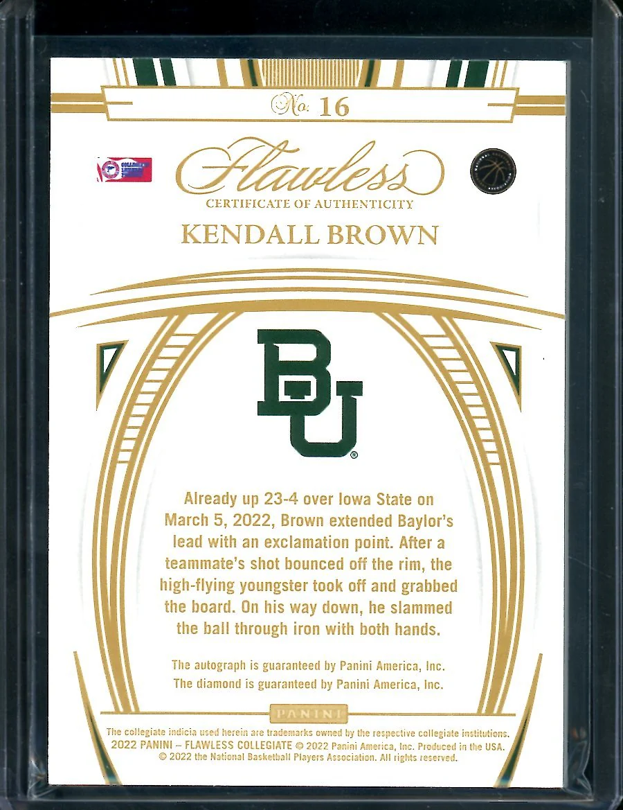 2022/23 Panini Flawless Collegiate Kendall Brown Rookie Auto 1/1 Baylor - Image 2