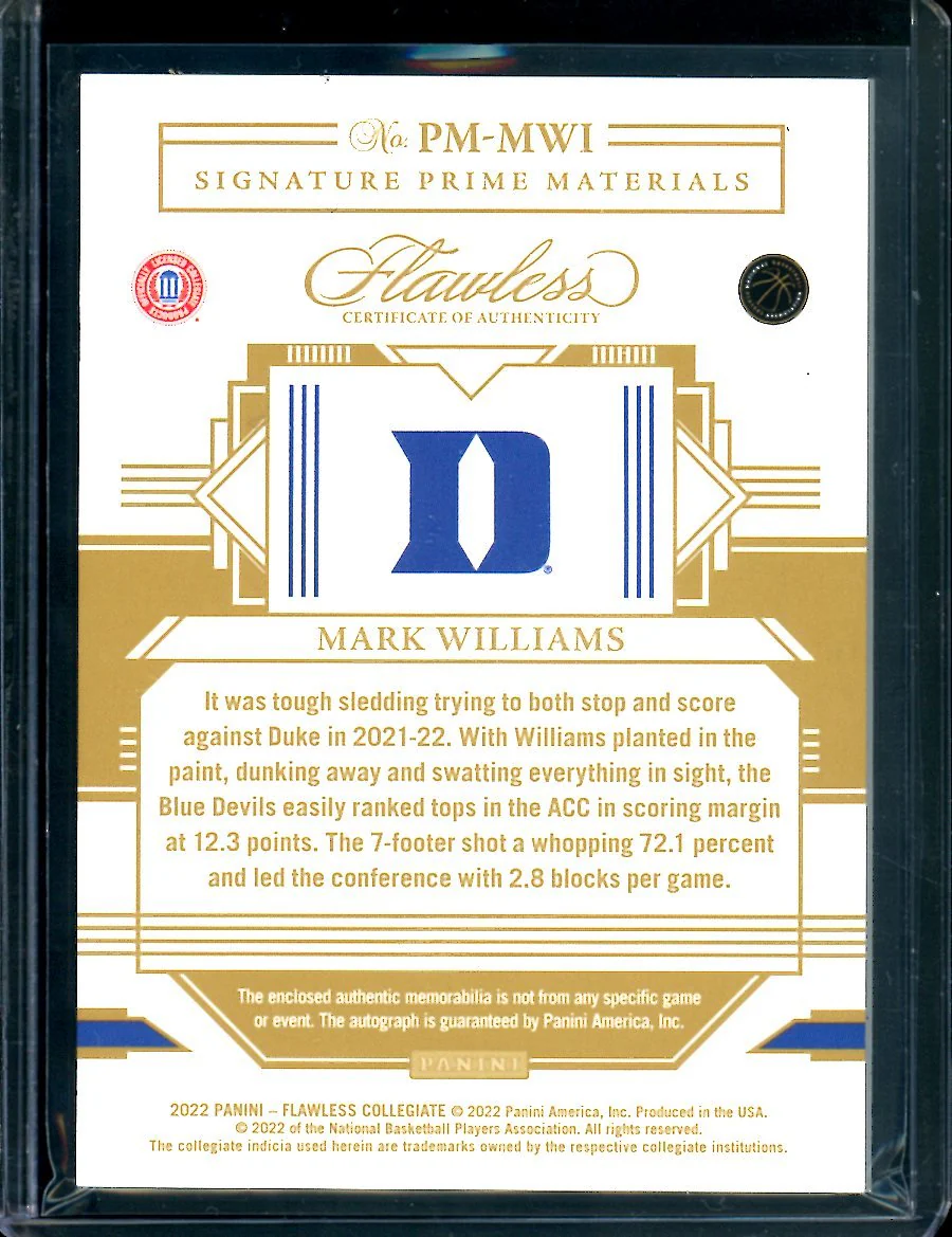 2022/23 Panini Flawless Collegitae Mark Williams Rookie RPA Gold /10 Hornets - Image 2