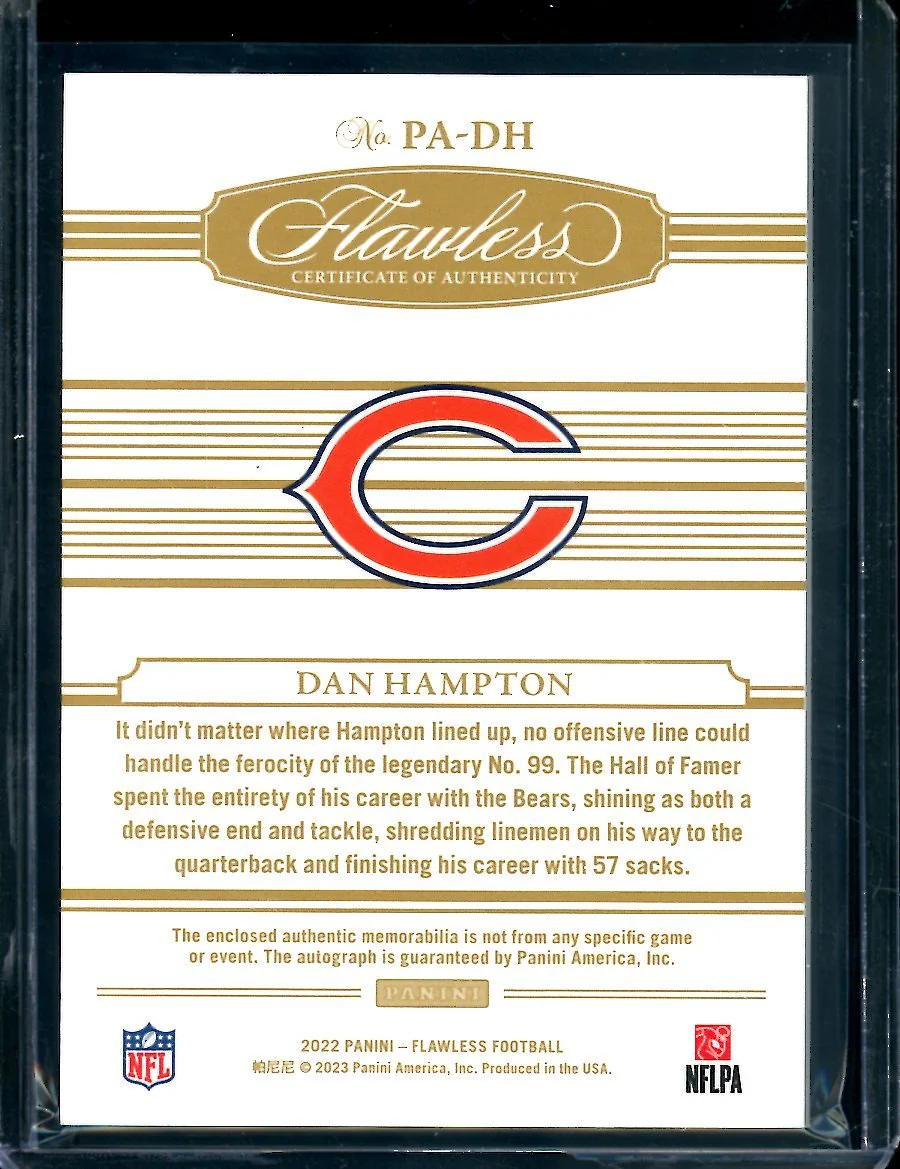 2022 Panini Flawless Dan Hampton Patch Auto Gold /15 Bears - Image 2