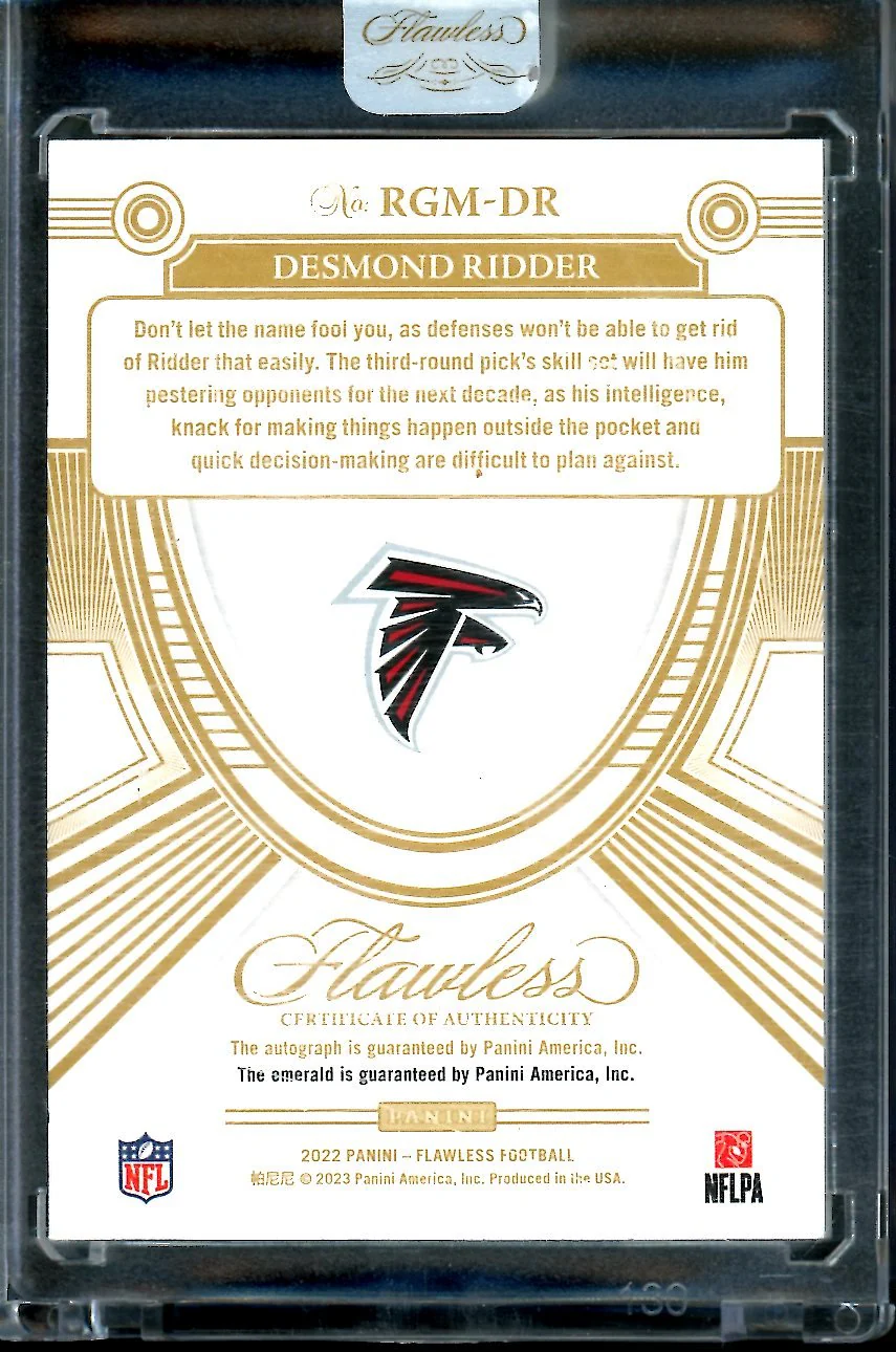 2022 Panini Flawless Desmond Ridder Rookie Emerald Auto /5 Falcons - Image 2