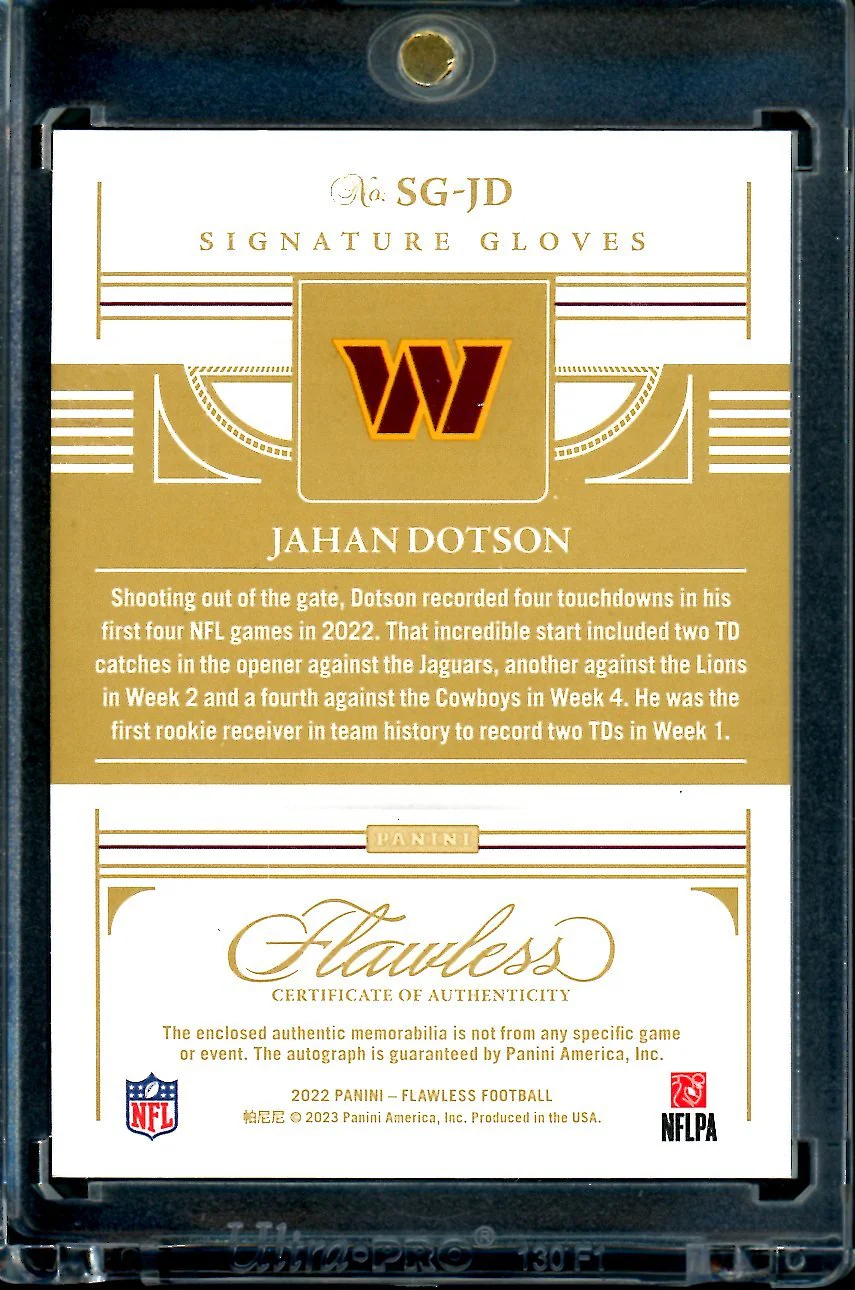 2022 Panini Flawless Jahan Dotson Rookie Auto Signature Gloves RPA /15 Commanders - Image 2
