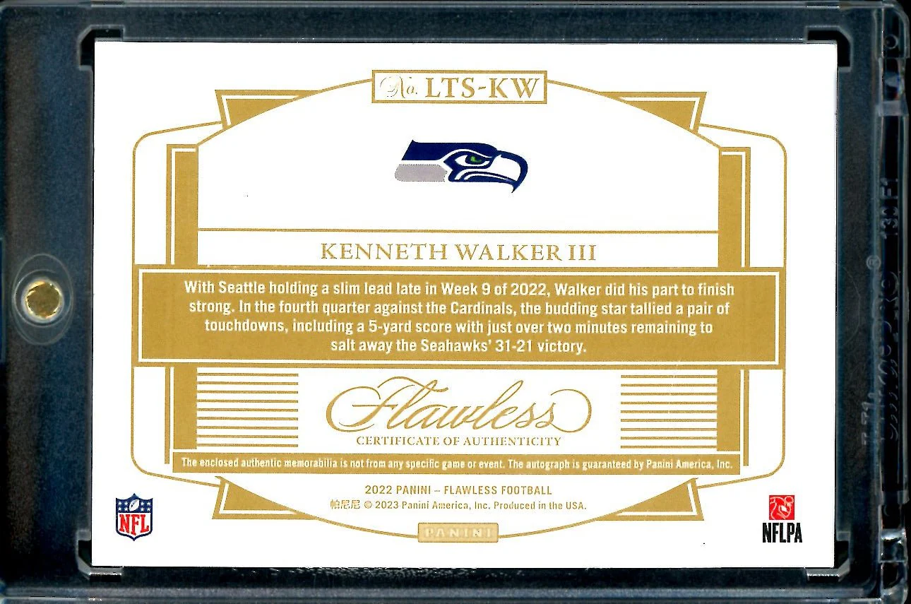 2022 Panini Flawless Kenneth Walker III Rookie RPA Laundry Tag Auto /3 Seahawks - Image 2