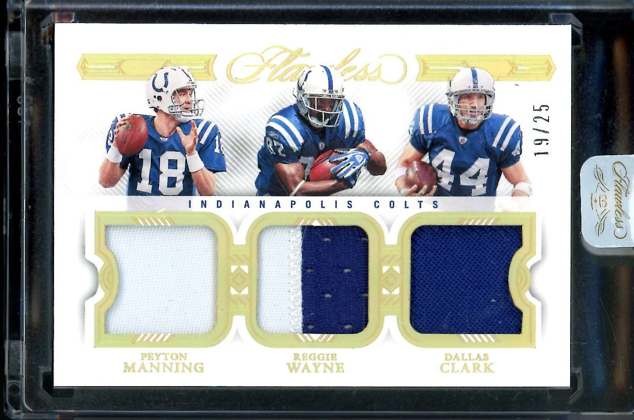 2022 Panini Flawless Peyton Manning/Reggie Wayne/Dallas ClarkTriple Patch Gold /25 Colts