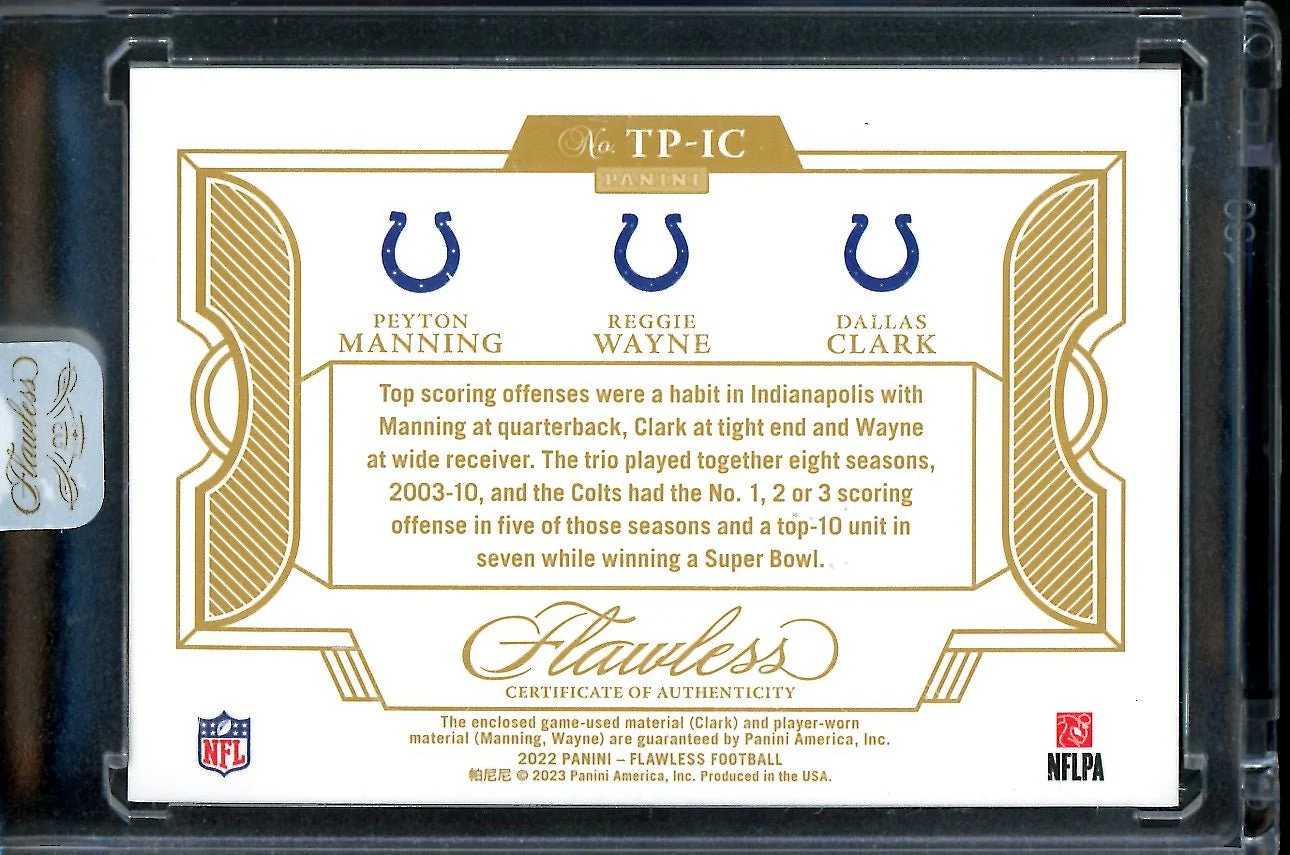 2022 Panini Flawless Peyton Manning/Reggie Wayne/Dallas ClarkTriple Patch Gold /25 Colts - Image 2