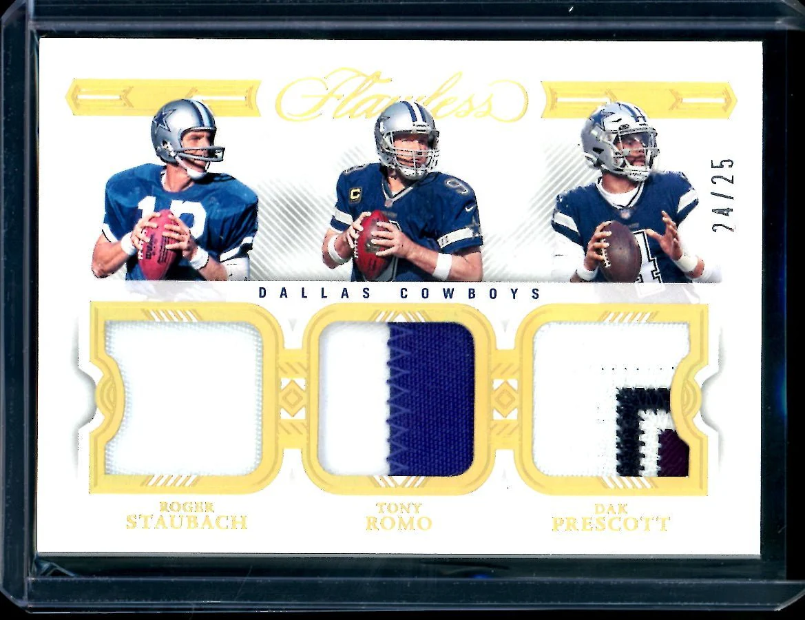 2022 Panini Flawless Roger Staubach/Tony Romo/Dak Prescott Triple Patch Gold /25 Cowboys