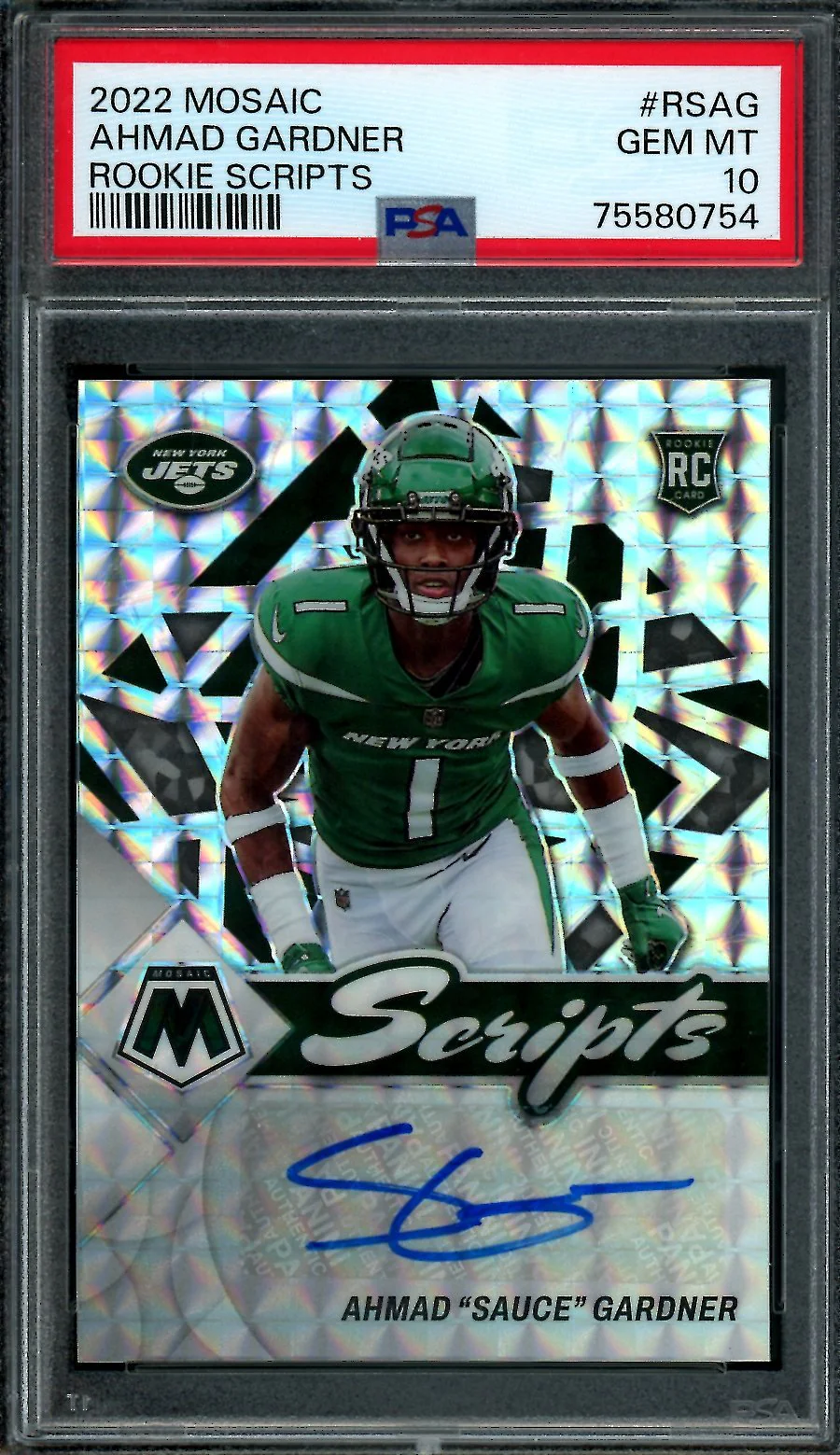 2022 Panini Mosaic Ahmad "Sauce" Gardner Rookie Scripts Auto PSA 10 Jets