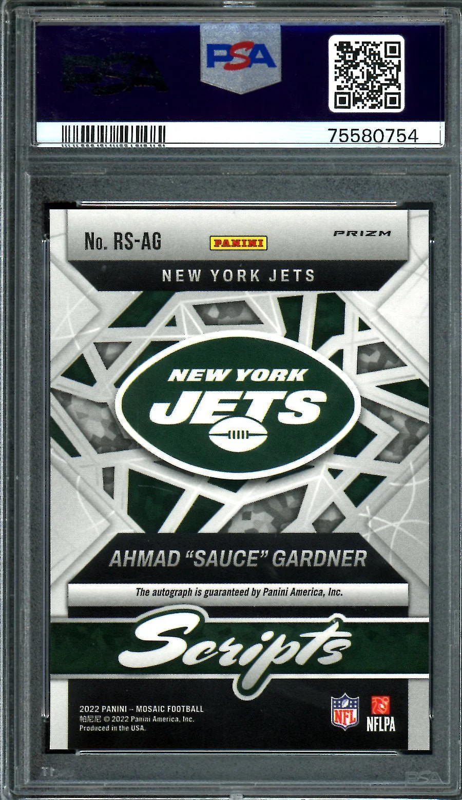 2022 Panini Mosaic Ahmad "Sauce" Gardner Rookie Scripts Auto PSA 10 Jets - Image 2