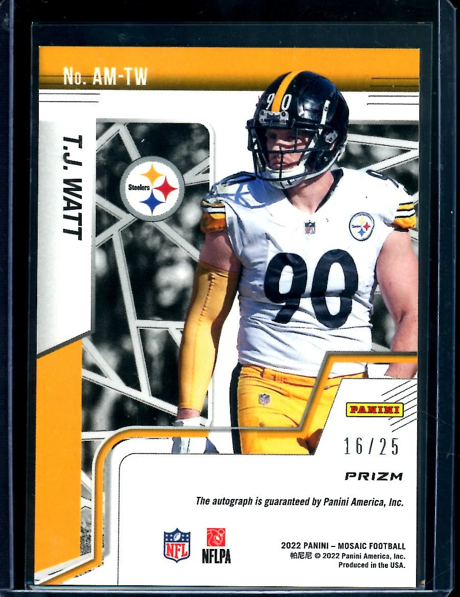 2022 Panini Mosaic T.J. Watt Auto White /25 Steelers - Image 2
