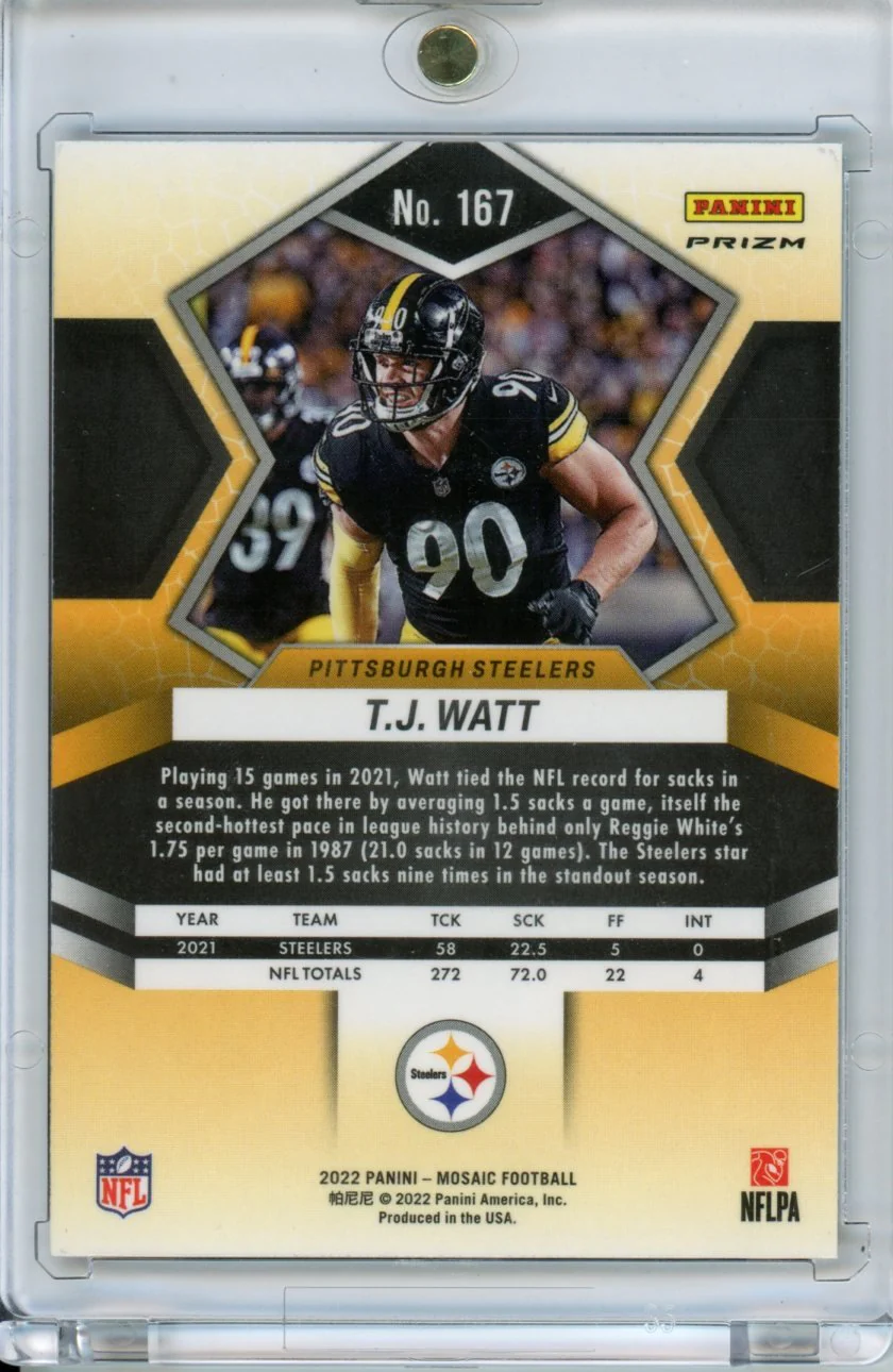 2022 Panini Mosaic TJ Watt Green Sparkle (#'ed /10 Or Less) Steelers - Image 2