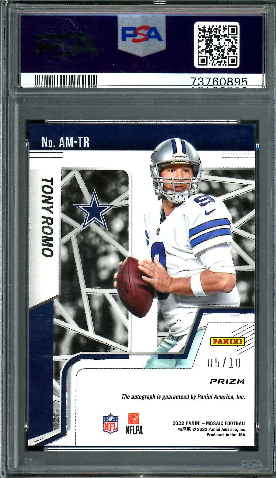 2022 Panini Mosaic Tony Romo Gold Auto /10 PSA 10 Cowboys - Image 2