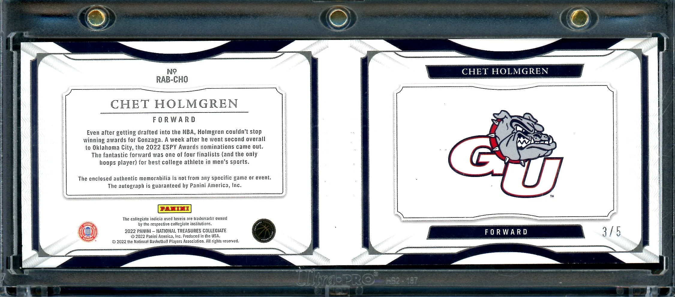 2022/23 Panini National Treasures Collegiate Chet Holmgren Rookie RPA Booklet /5 Laundry Tag Thunder - Image 2