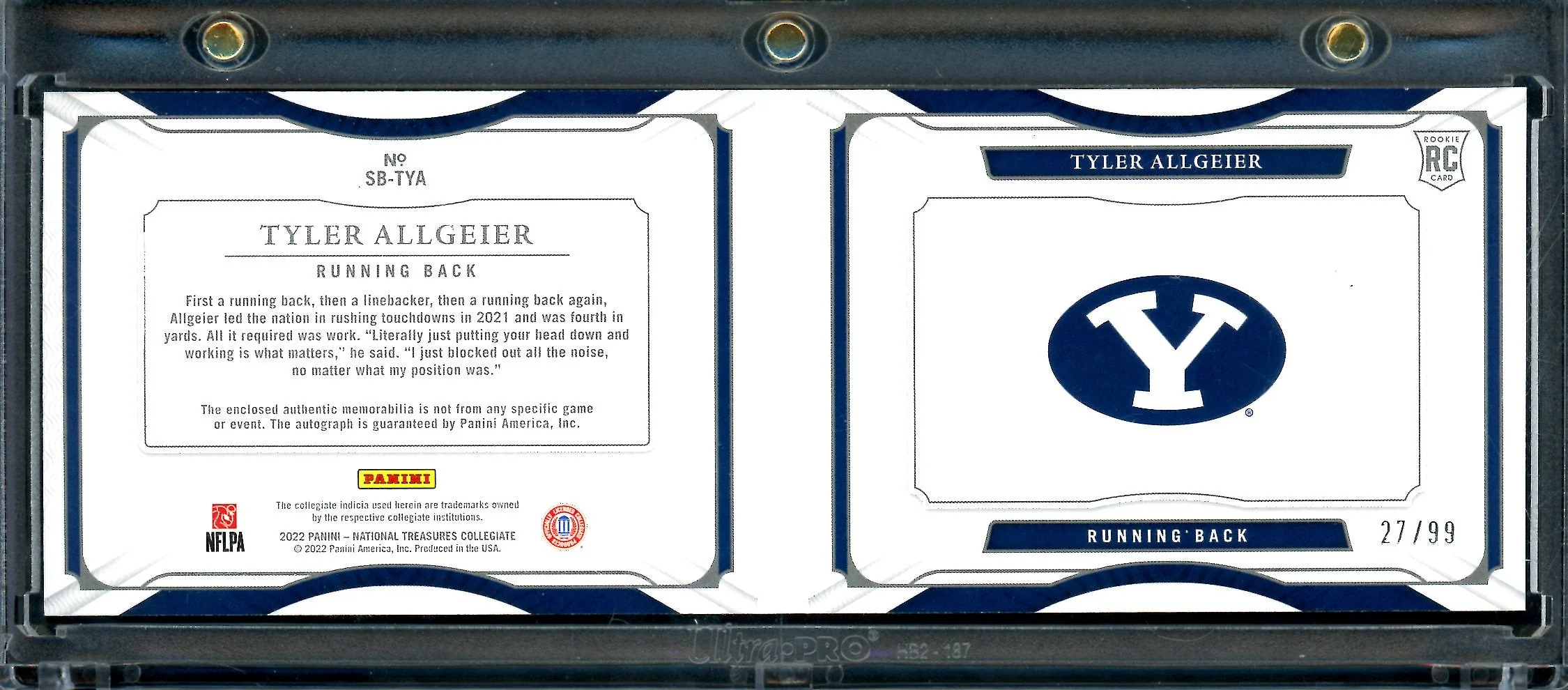 2022 Panini National Treasures Collegiate Tyler Allgeier Rookie Booklet RPA /99 BYU - Image 2