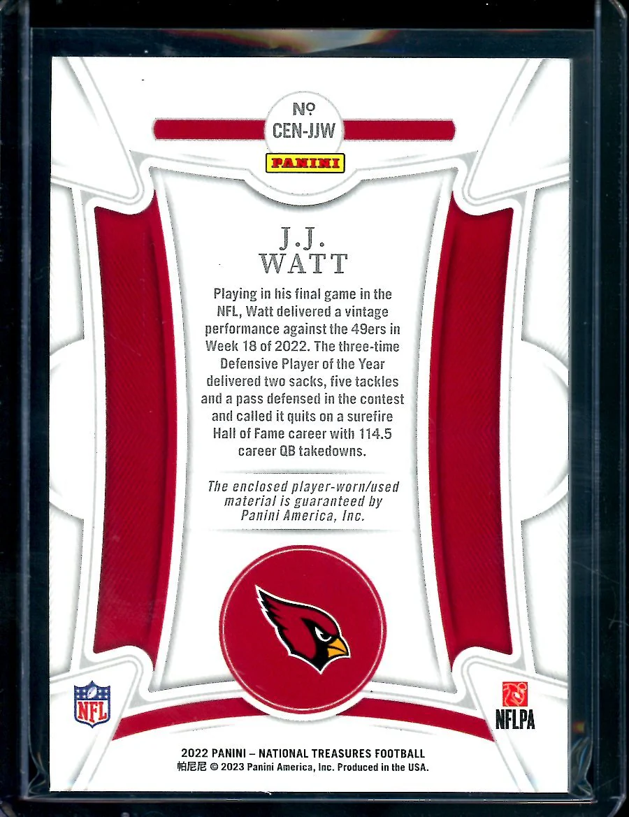 2022 Panini National Treasures J.J. Watt Century Materials Patch Holo Silver /25 Cardinals - Image 2