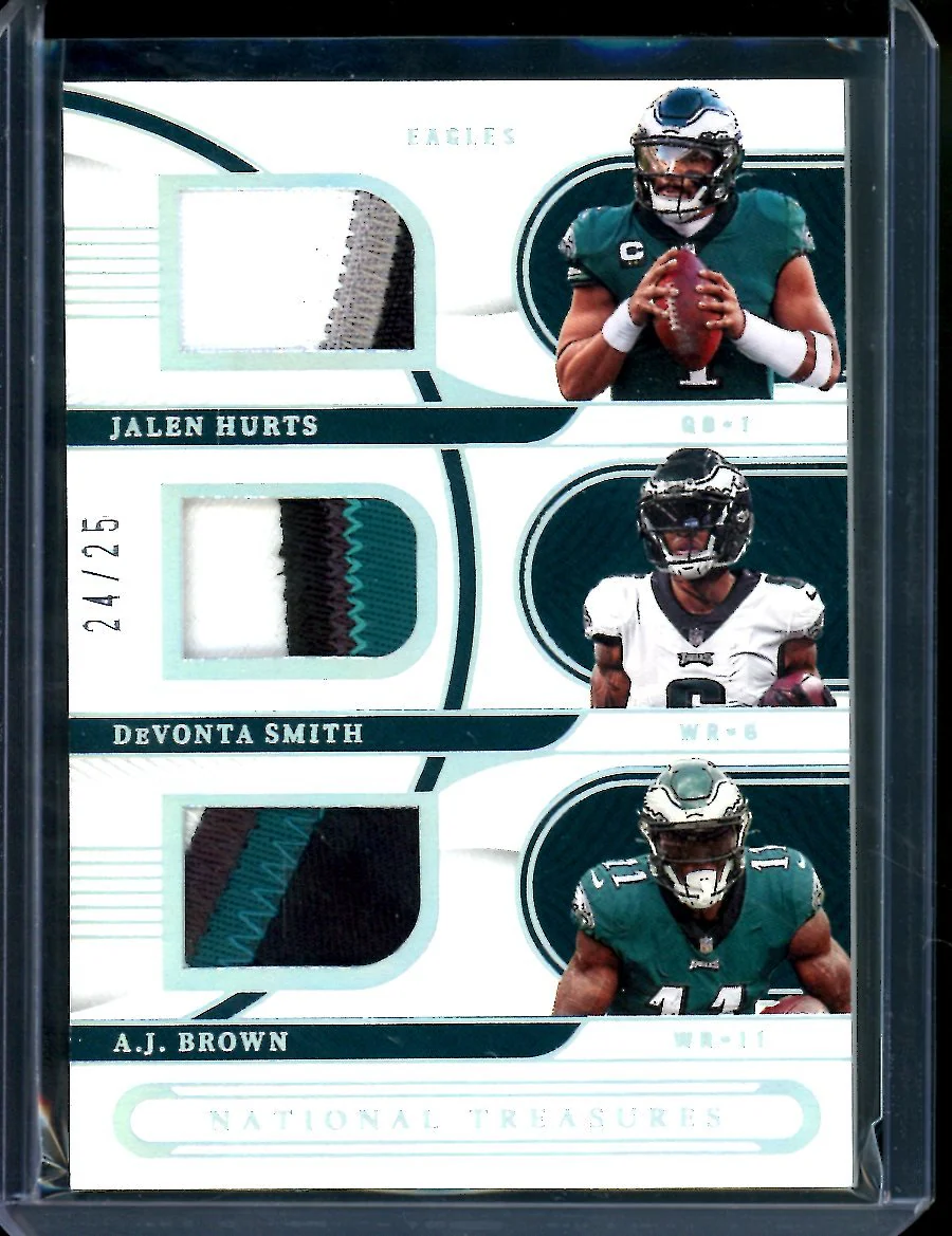 2022 Panini National Treasures Jalen Hurts/DeVonta Smith/A.J. Brown Triple Patch /25 Eagles