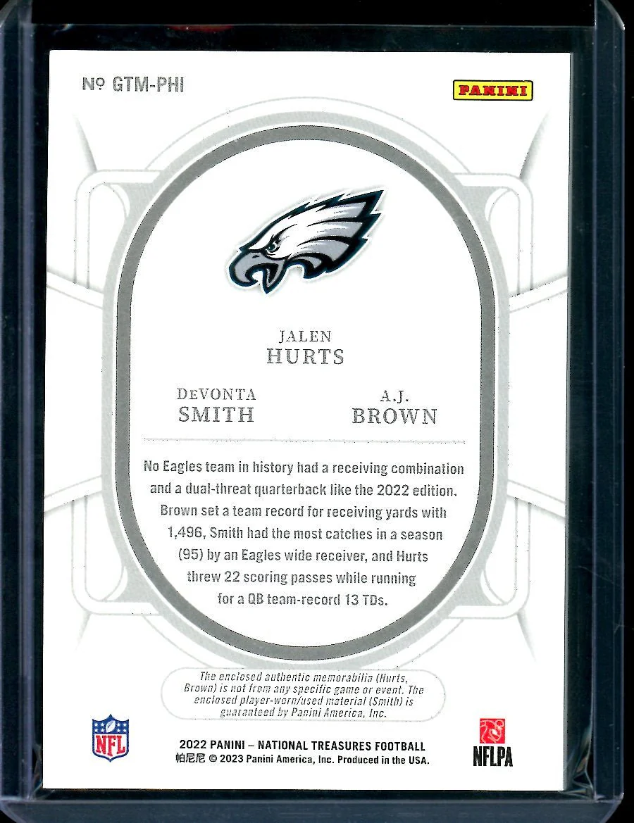 2022 Panini National Treasures Jalen Hurts/DeVonta Smith/A.J. Brown Triple Patch /25 Eagles - Image 2