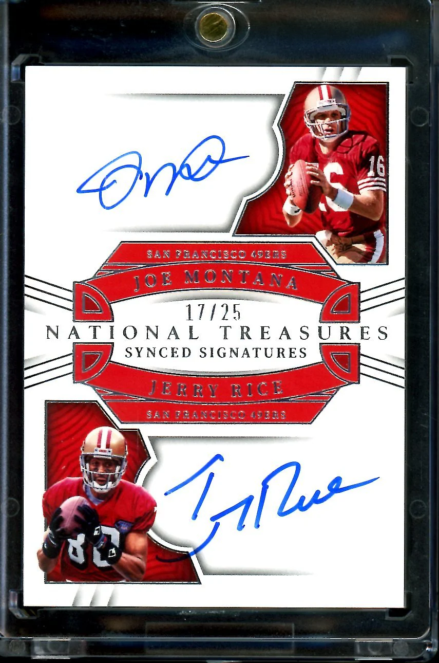 2022 Panini National Treasures Joe Montana/Jerry Rice Synced Signatures Auto /25 49ers