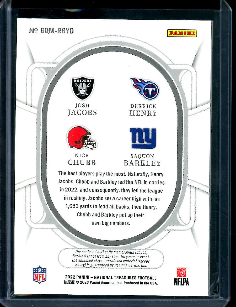 2022 Panini National Treasures Josh Jacobs/Derrick Henry/Nick Chubb/Saquon Barkley Quad Patch /99 - Image 2
