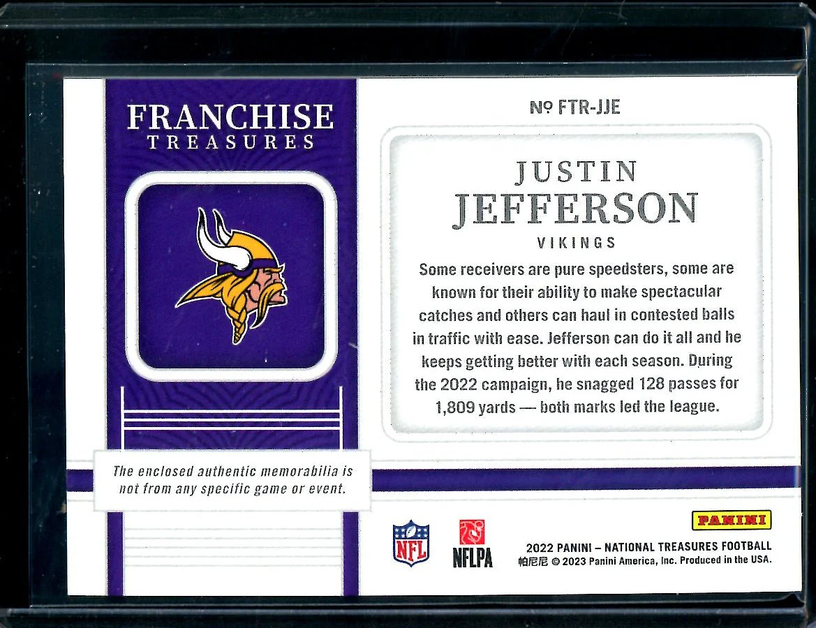 2022 Panini National Treasures Justin Jefferson Franchise Treasures Patch /49 Vikings - Image 2