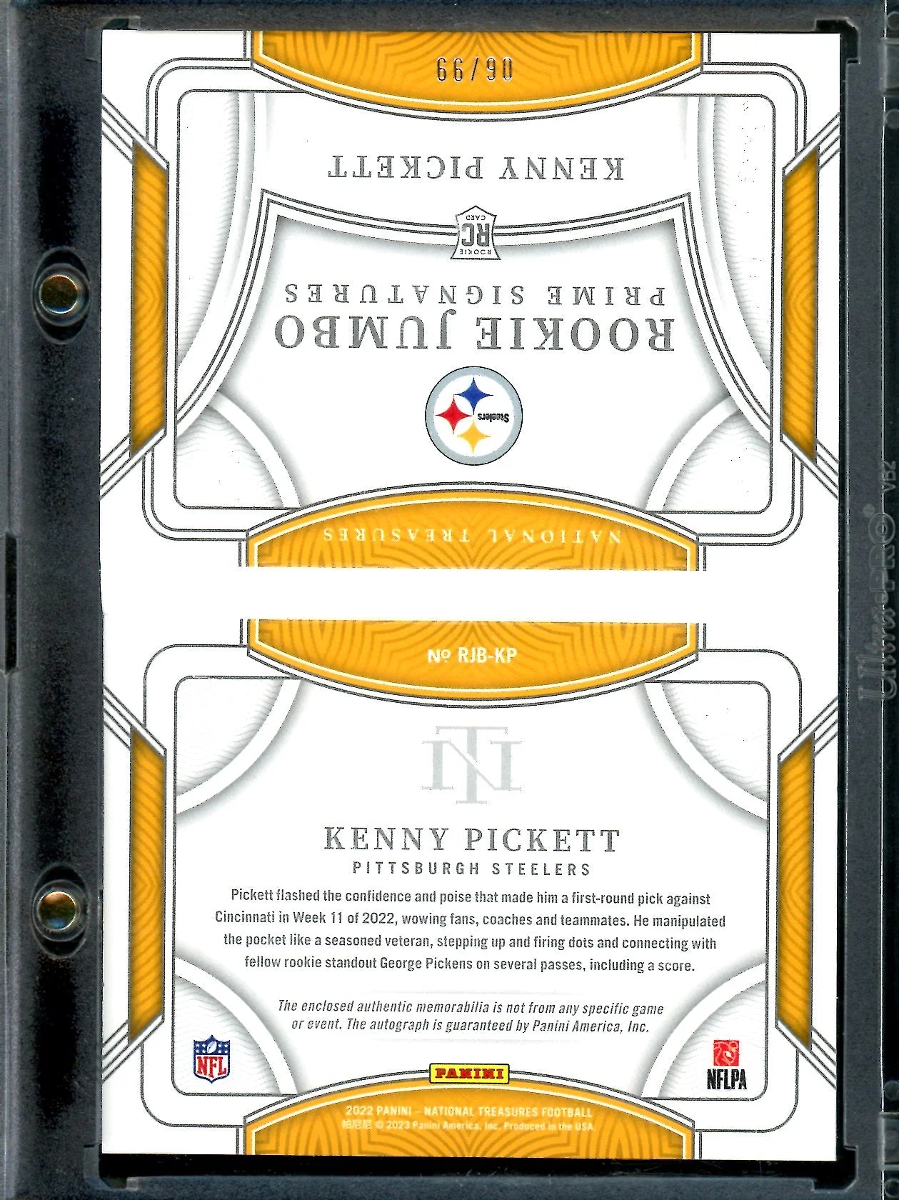 2022 Panini National Treasures Kenny Pickett Rookie Jumbo Booklet RPA /99 Steelers - Image 2