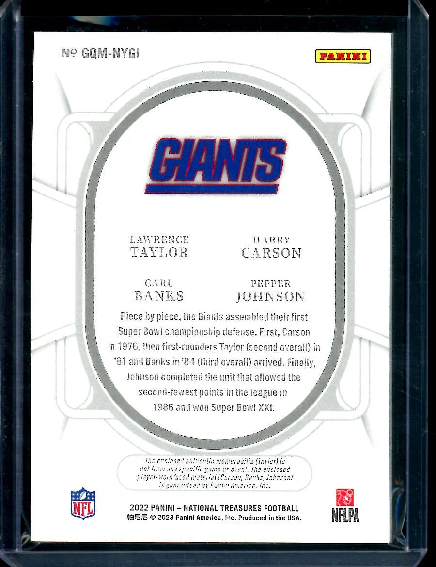 2022 Panini National Treasures Lawrence Taylor/Harry Carson/Carl Banks/Pepper Johnson Quad Patch /99 Giants - Image 2
