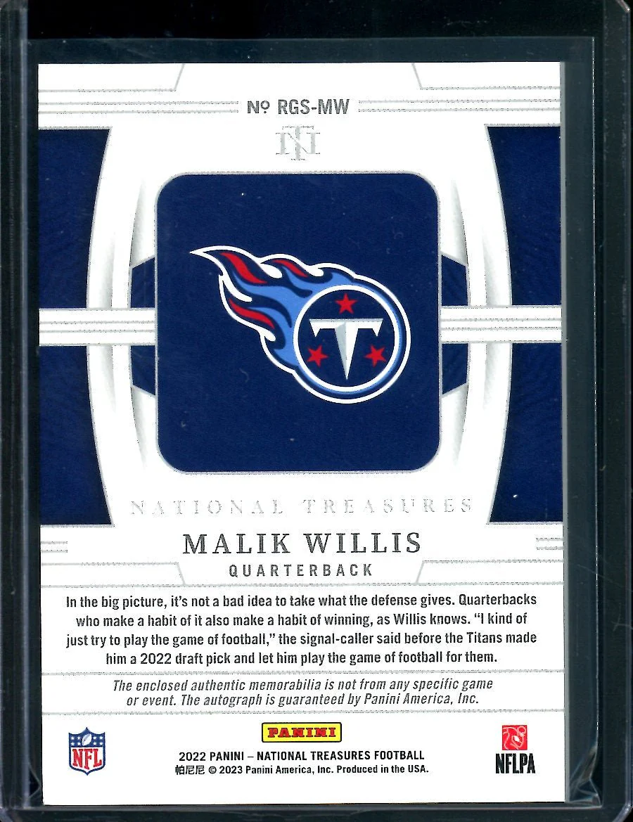 2022 Panini National Treasures Malik Willis Rookie NFL Gear RPA /99 Titans - Image 2