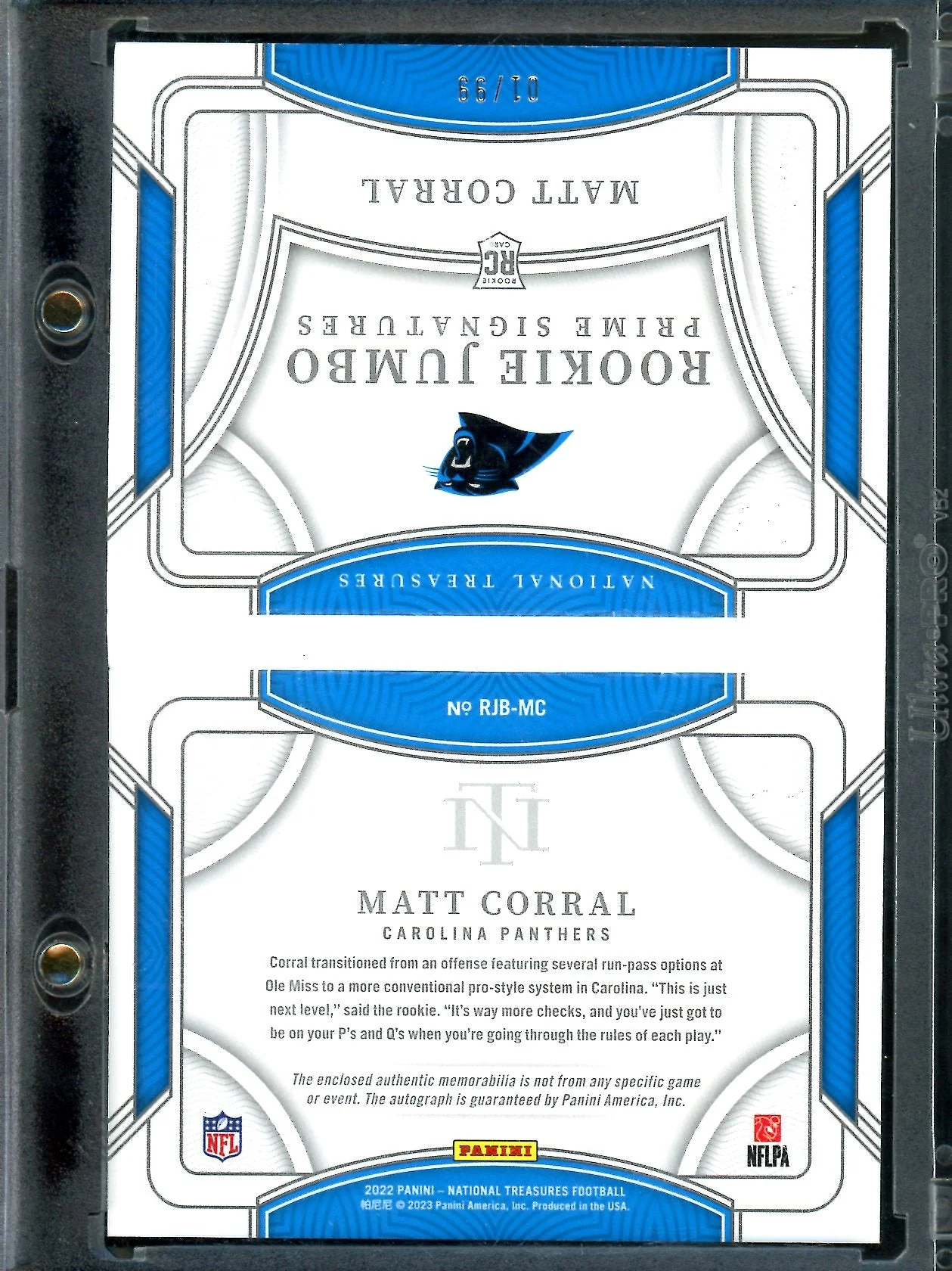 2022 Panini National Treasures Matt Corral Rookie Jumbo Booklet RPA /99 Panthers - Image 2