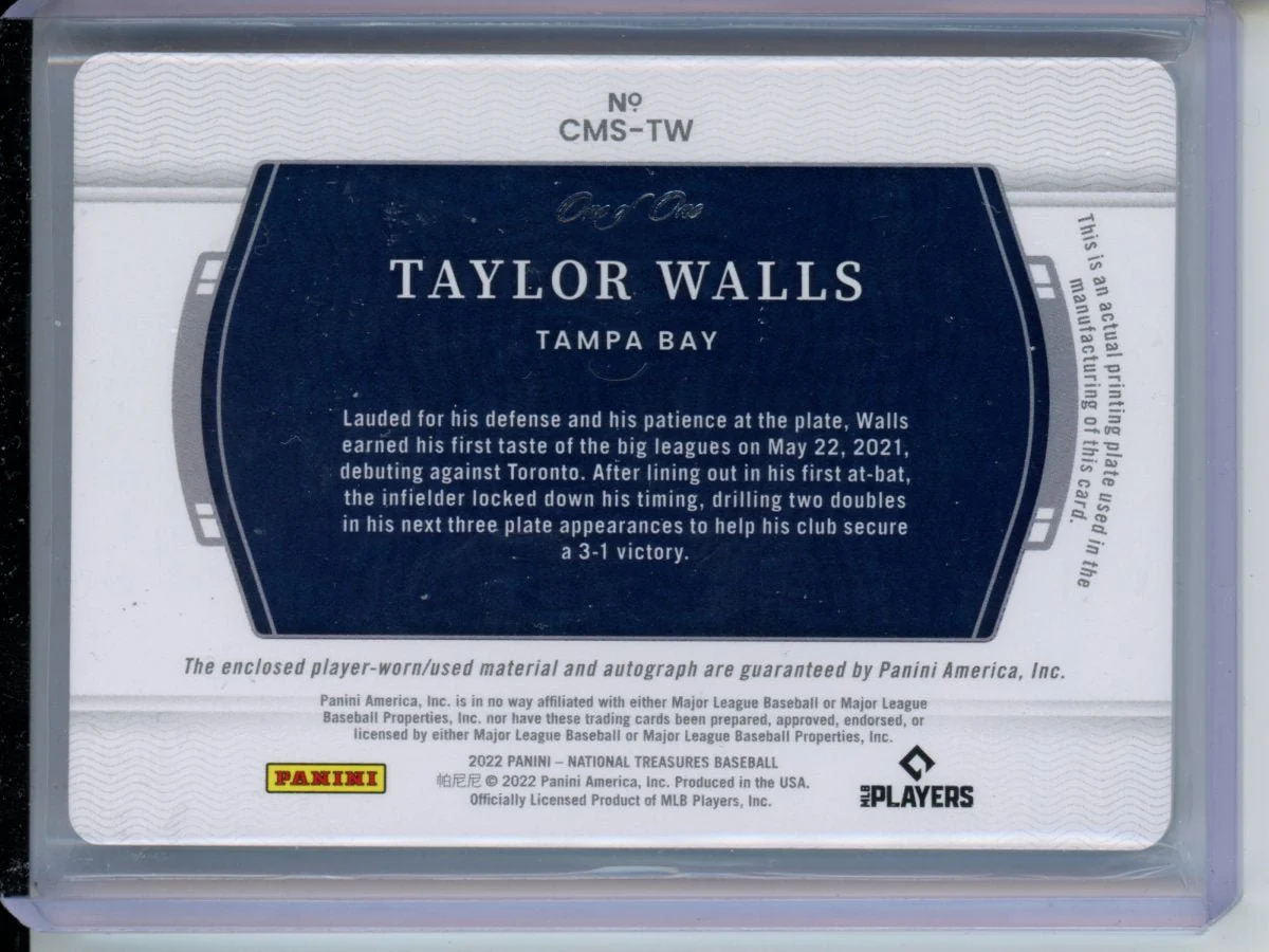 2022 Panini National Treasures Taylor Walls Rookie RPA Printing Plate 1/1 Rays - Image 2