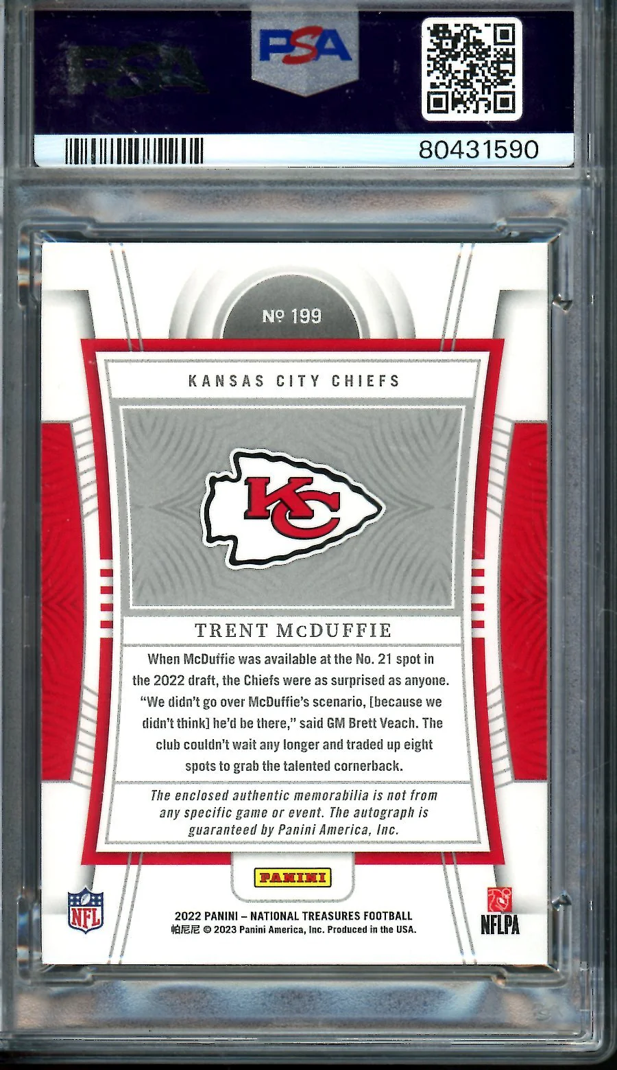 2022 Panini National Treasures Trent McDuffie Rookie NFL Shield 1/1 Patch Autograph PSA 9 Chiefs - Image 2