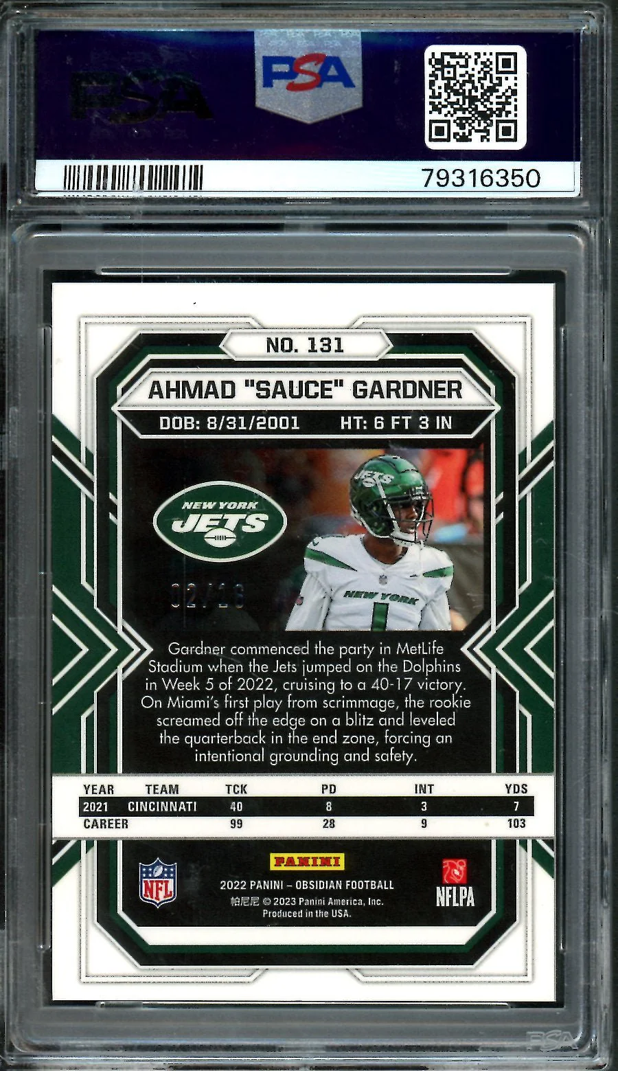 2022 Panini Obsidian Ahmad "Sauce" Gardner Rookie Electric Etch Purple Flood /16 PSA 9 Jets - Image 2