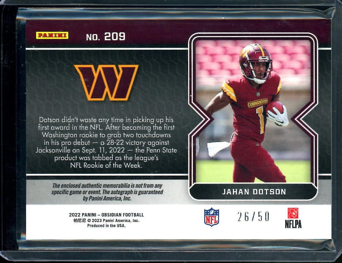2022 Panini Obsidian Jahan Dotson Rookie RPA Green Etch /50 Commanders - Image 2