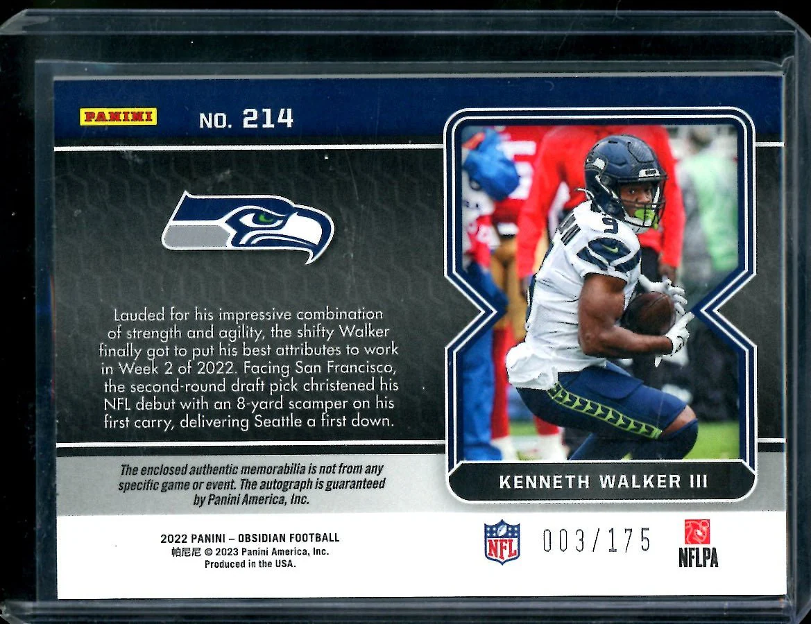 2022 Panini Obsidian Kenneth Walker III Rookie Auto RPA /175 Seahawks - Image 2