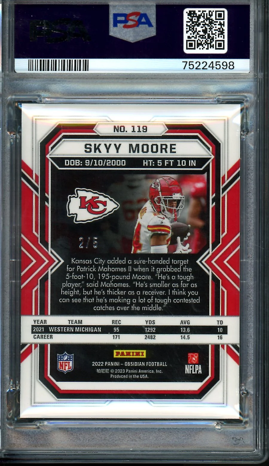 2022 Panini Obsidian Skyy Moore Rookie Electric Etch Neon Mojo /5 PSA 10 Chiefs - Image 2