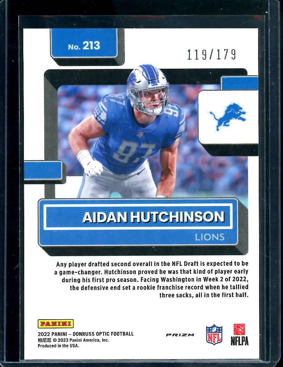 2022 Panini Optic Aidan Hutchinson Rookie Blue /179 Lions - Image 2