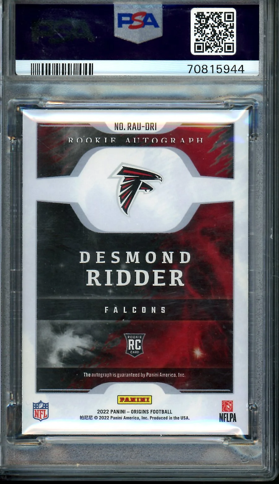 2022 Panini Origins Desmond Ridder Rookie Auto PSA 10 Falcons - Image 2