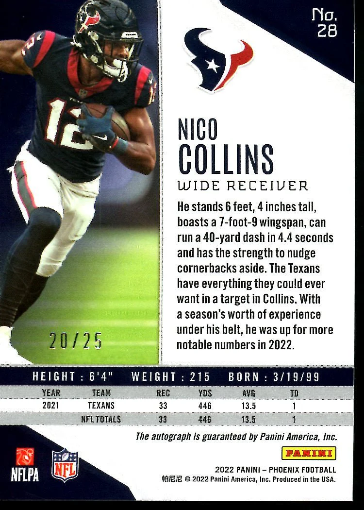 2022 Panini Phoenix Nico Collins Auto /25 Texans - Image 2