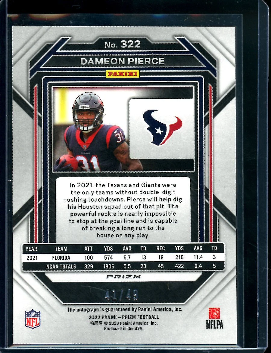 2022 Panini Prizm Dameon Pierce Rookie Auto Purple Power /49 Texans - Image 2