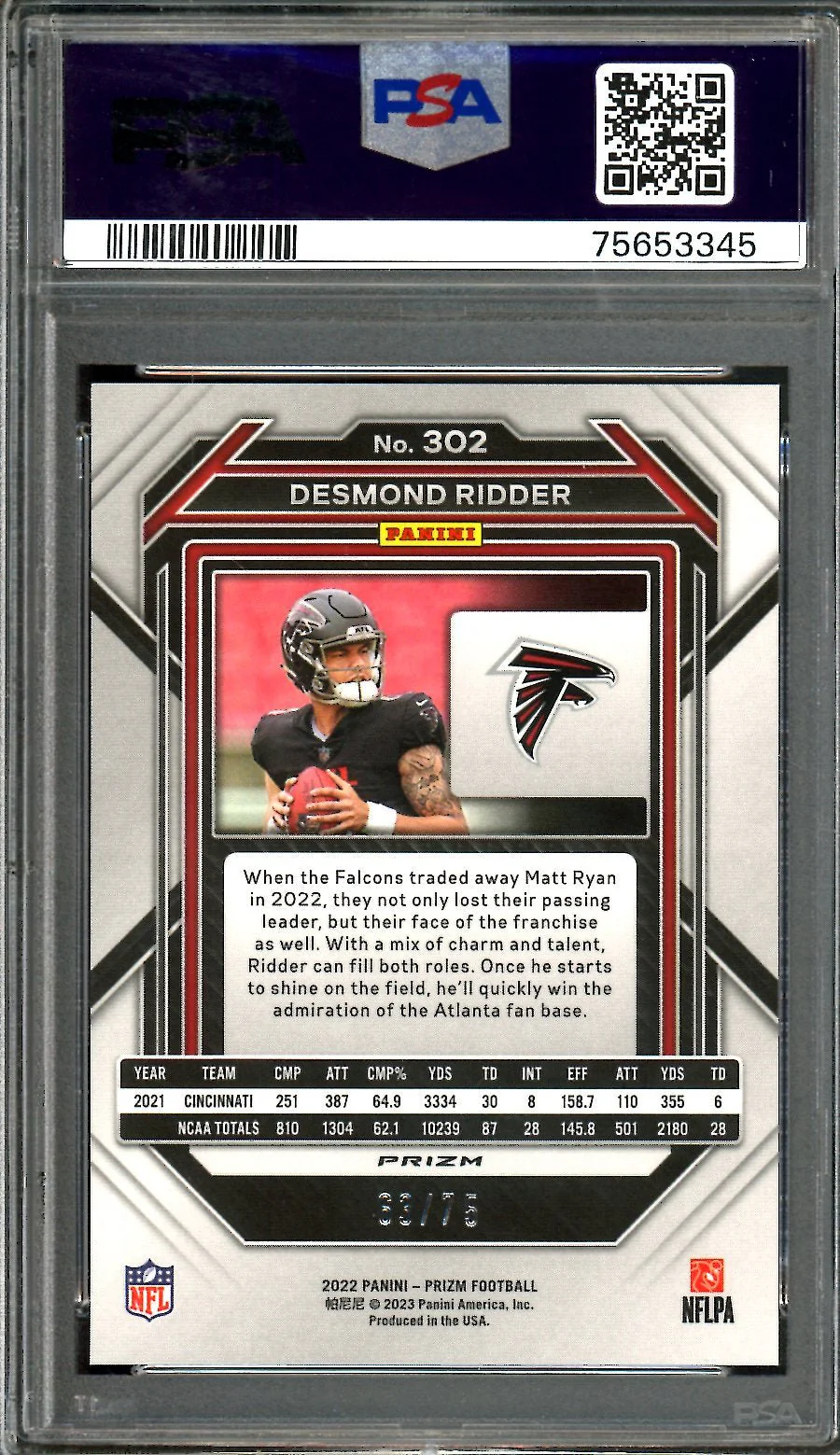 2022 Panini Prizm Desmond Ridder Rookie Green Scope /75 PSA 9 Falcons - Image 2