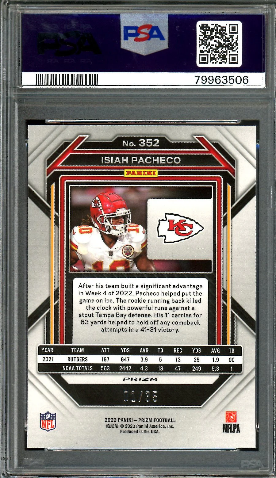 2022 Panini Prizm Isiah Pacheco Rookie Purple Disco /35 PSA 9 Chiefs - Image 2