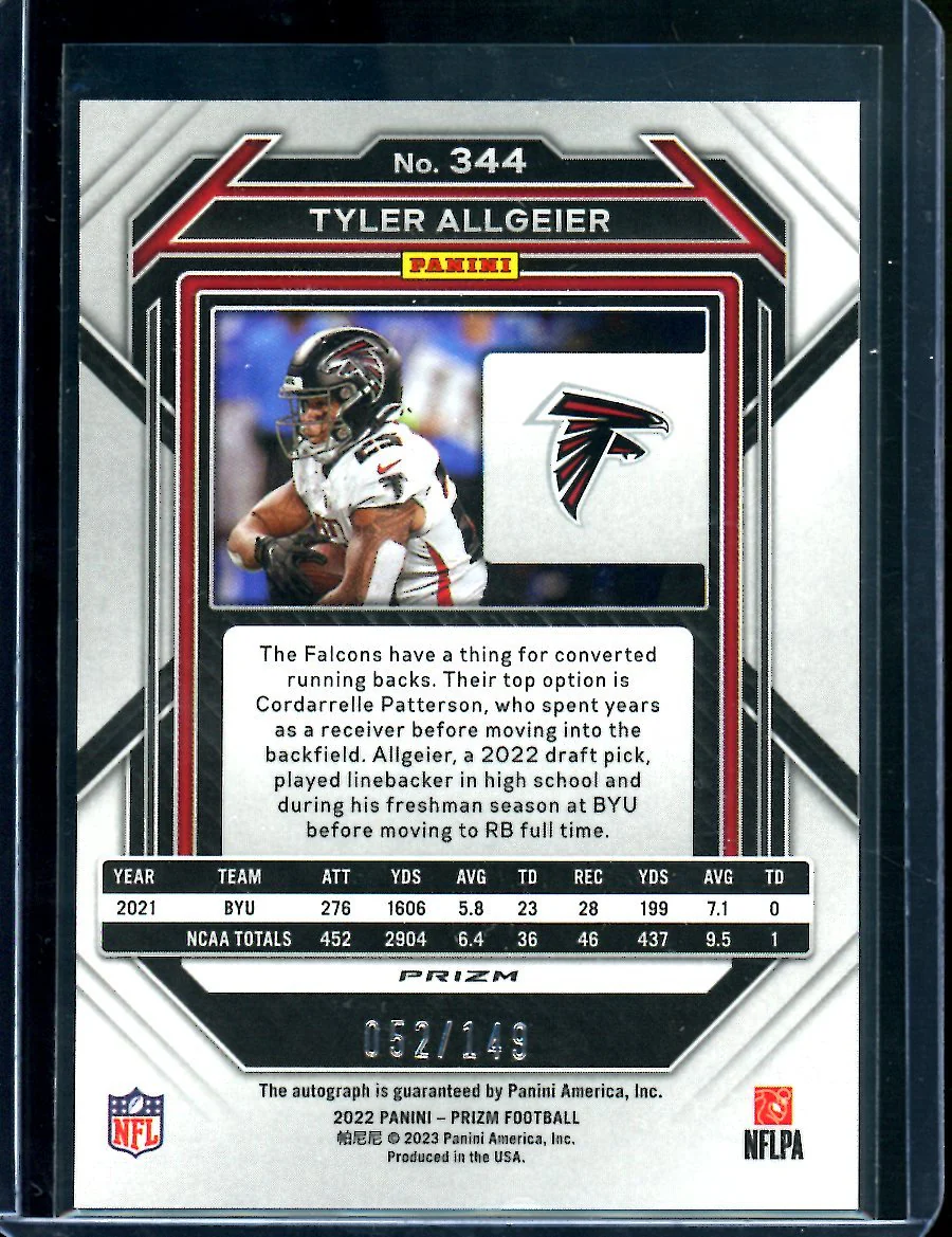 2022 Panini Prizm Tyler Allgeier Rookie Auto Red Wave /149 Falcons - Image 2