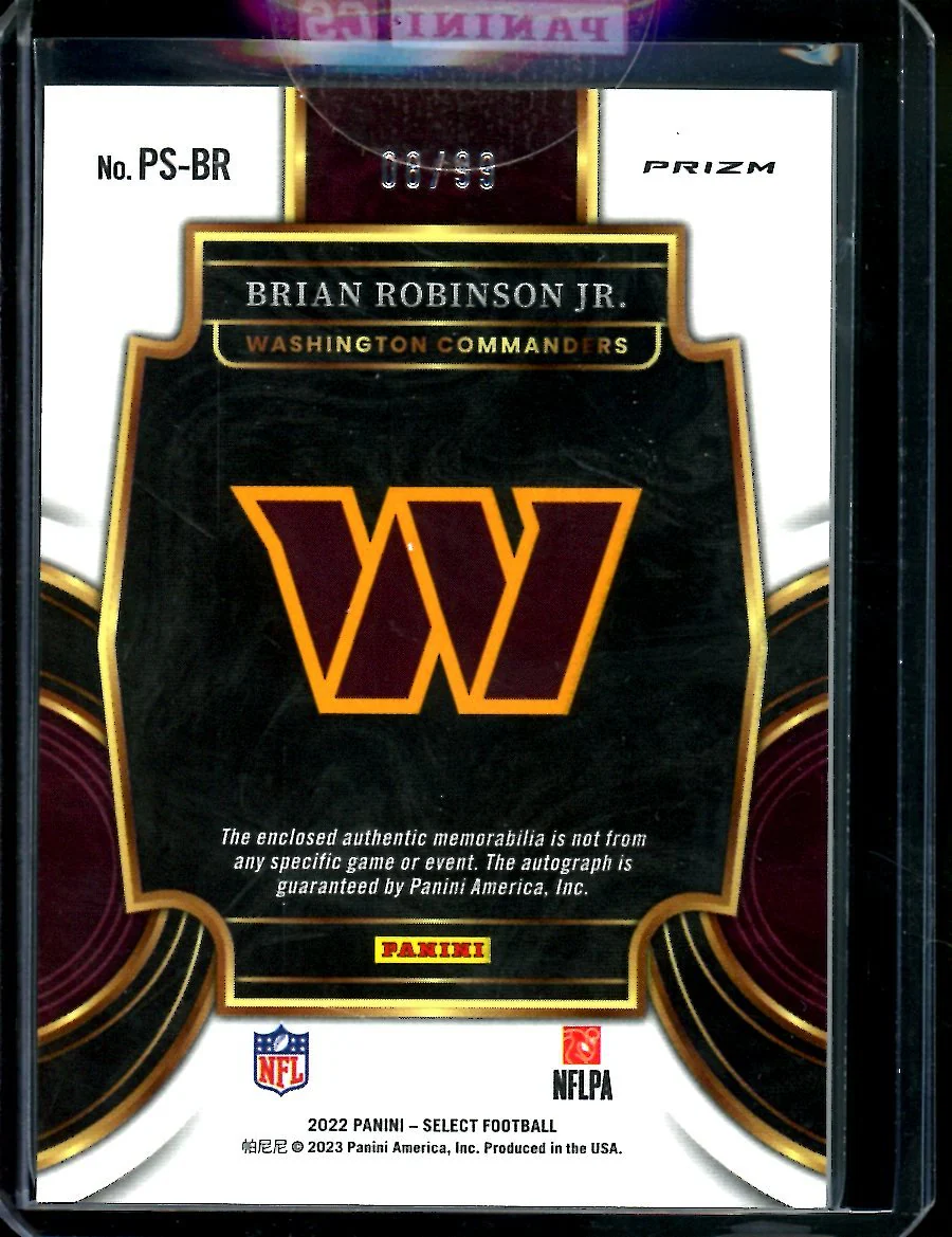 2022 Panini Select Brian Robinson Jr. Rookie RPA /99 Commanders - Image 2