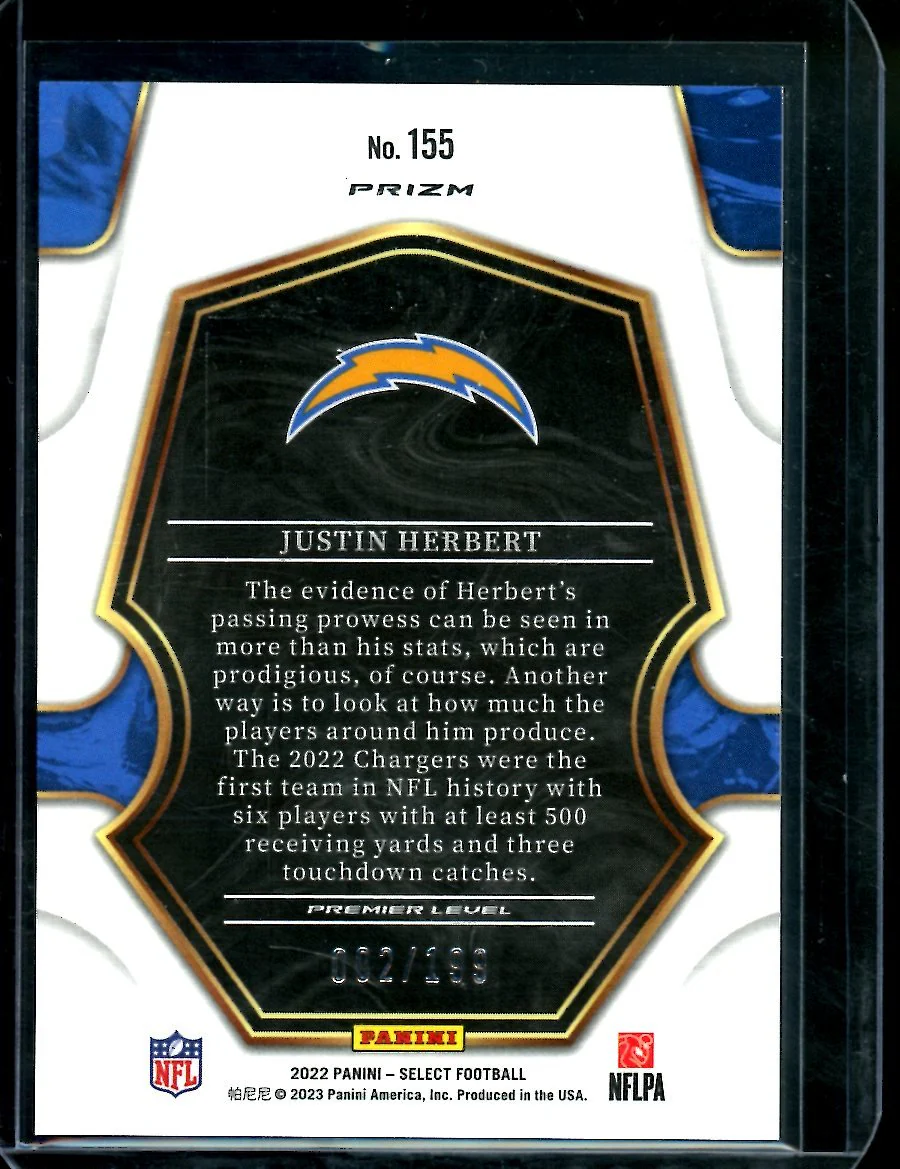 2022 Panini Select Justin Herbert Premier Level Red White Blue /199 Chargers - Image 2